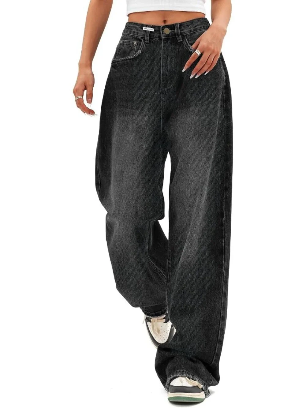 Women's Black Denim Y2k Straight Leg Button Zipper High Waisted Baggy Jeans
